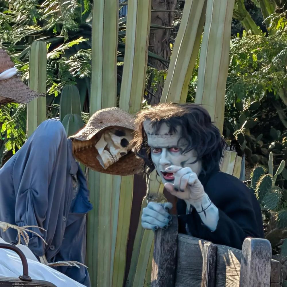 Frankie caracterizado como monstruo asomado entre cactus en Far West